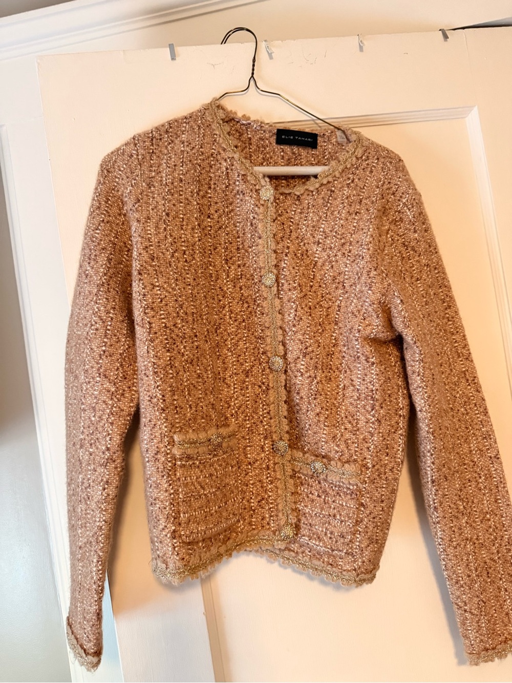 Elie Tahari Bouclé Knit Cardigan in Blush Beige with Gold Trim